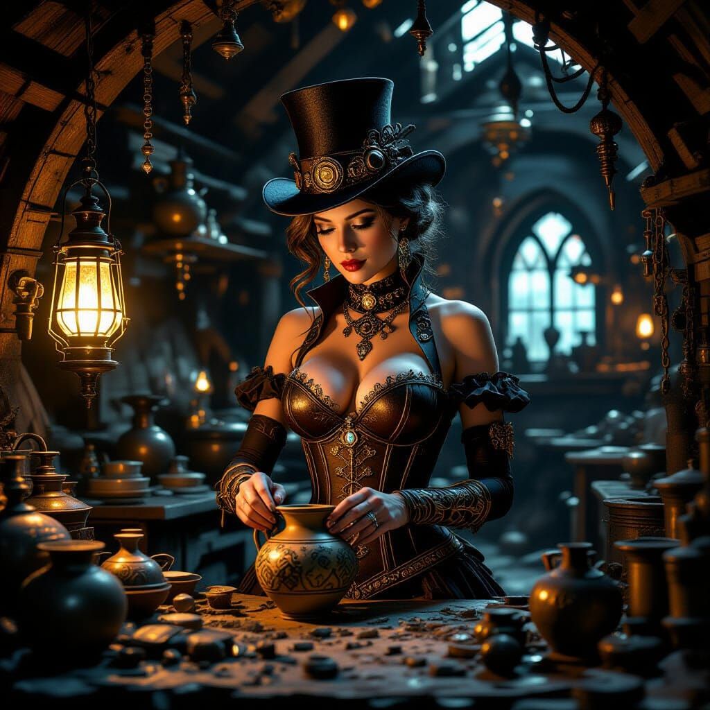 Steampunk Woman Crafts Pottery in Gothic Workshop
