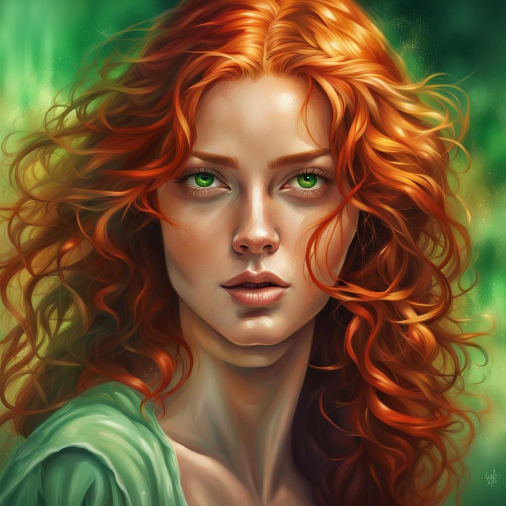Hyperrealistic Redhead Girl with Green Eyes