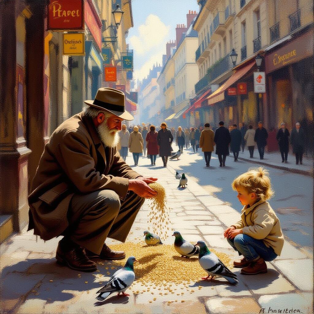 Old Man Feeds Pigeons as Child Watches in Oil Painting