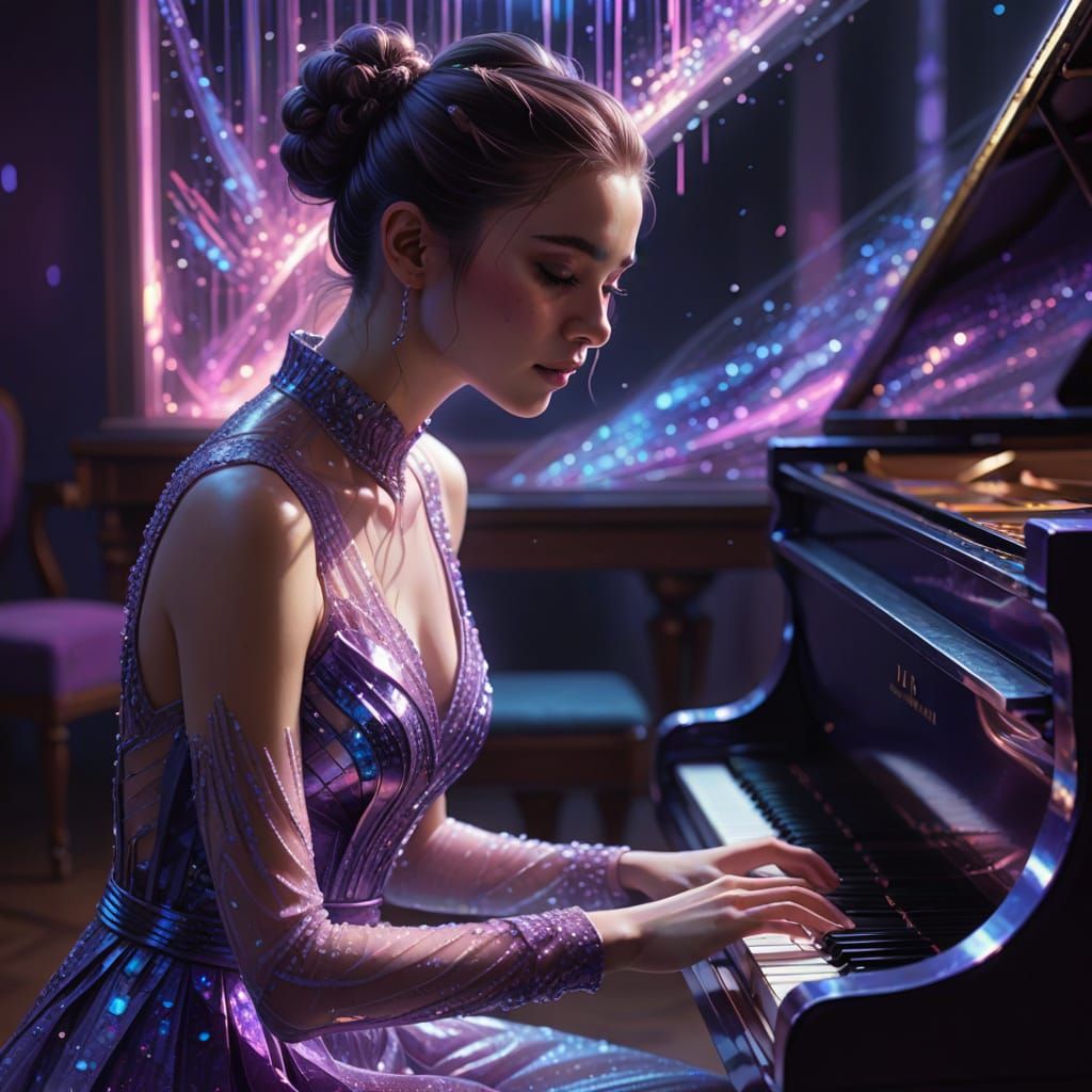 Woman Plays Purple Piano in Digital Art