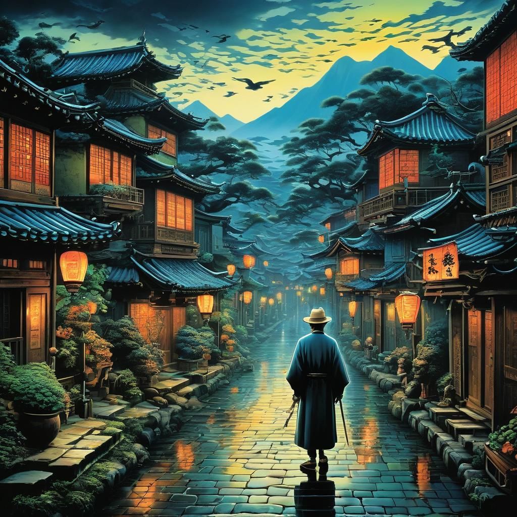 Vibrant Village Scene in Surrealist Style