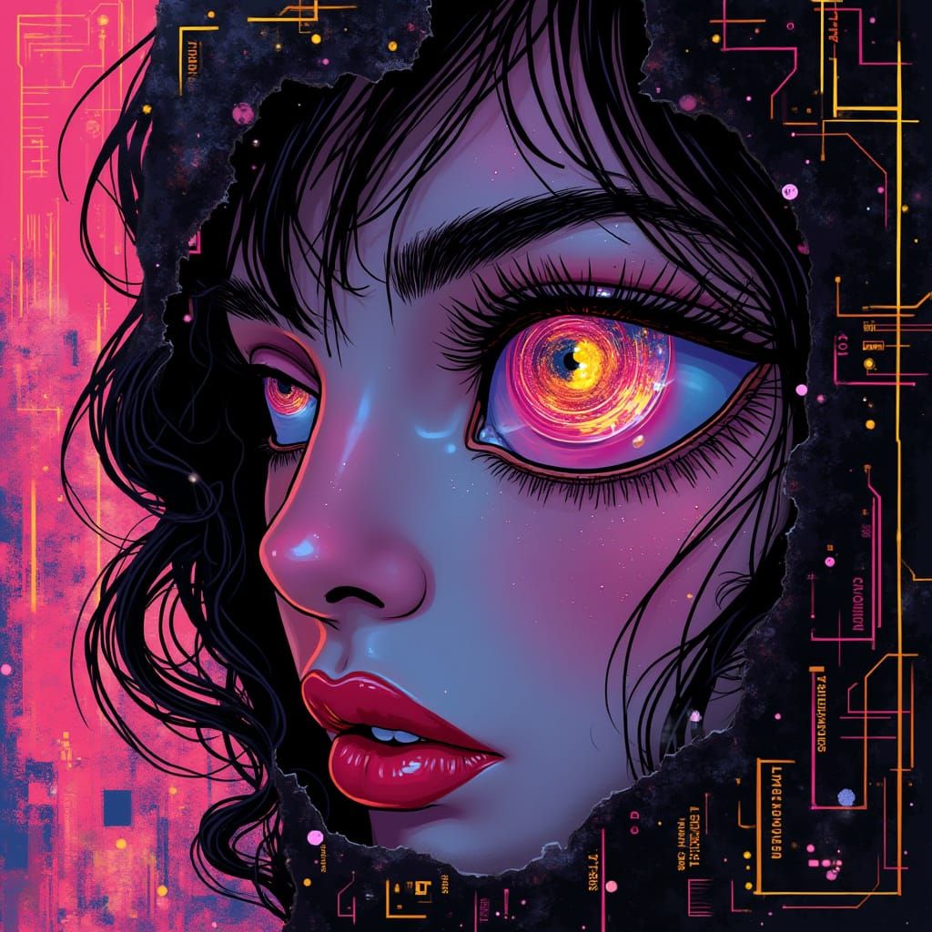 Cyberpunk Woman's Face Through Glitching Screen