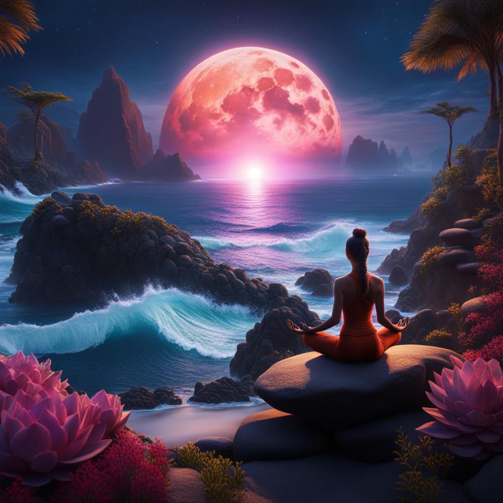 Meditative Figure in Moonlit Fantasy Art