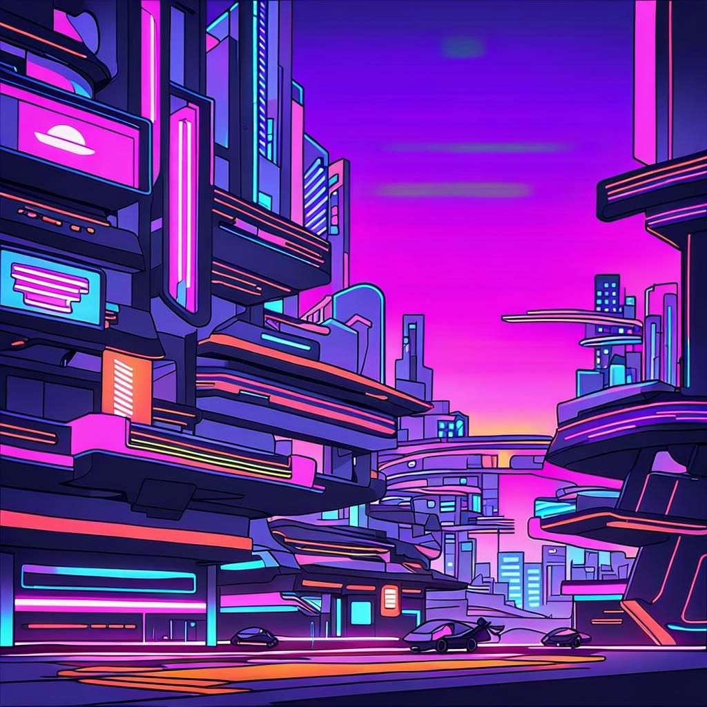 Futuristic Cyberpunk Cityscape at Sunset with Flying Cars