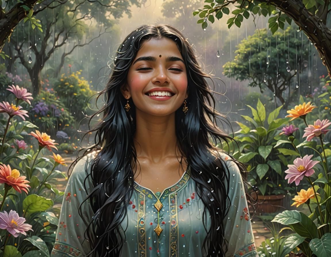 Joyful Indian Woman Enjoying Monsoon Rain
