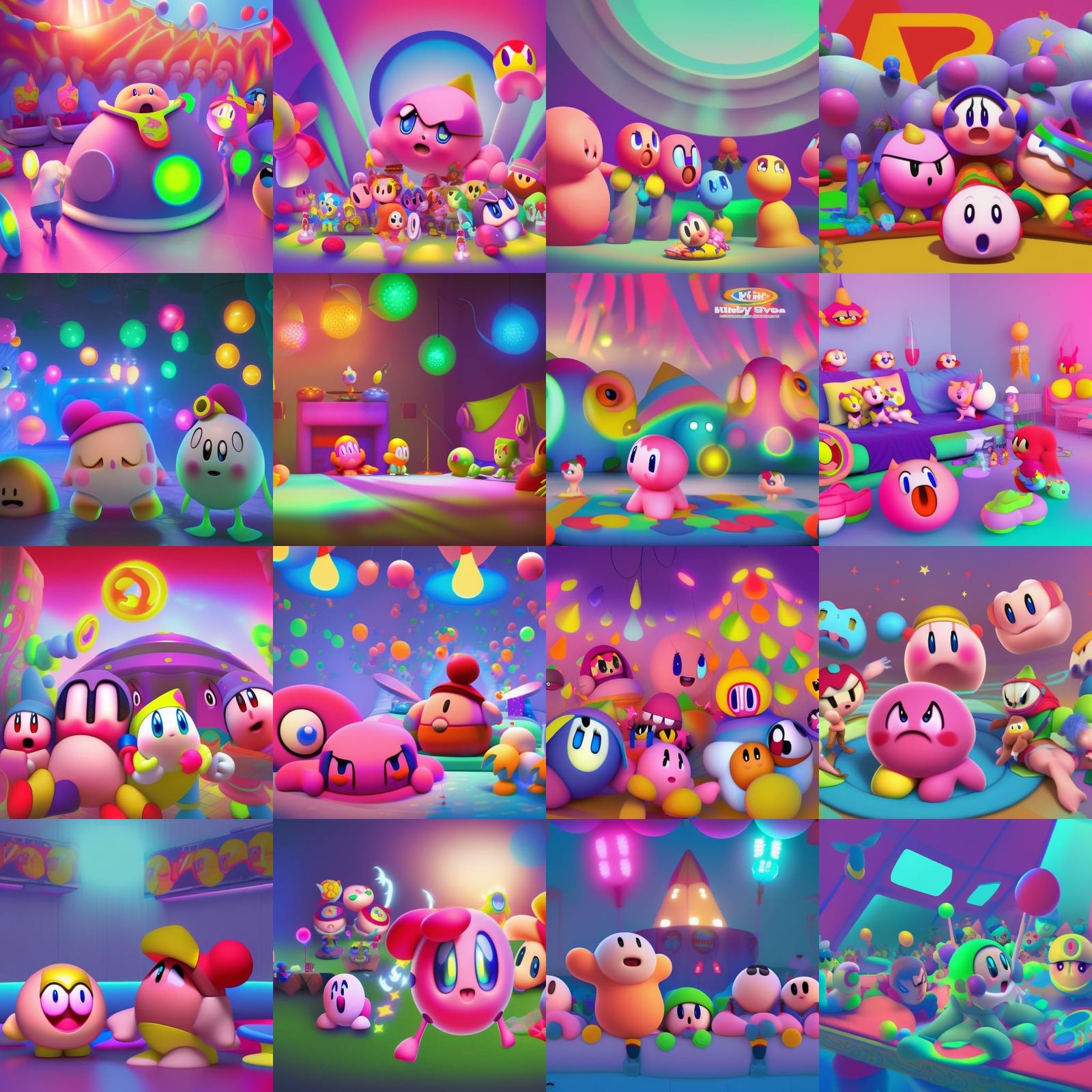 Kirby at a Sleepover Rave: 3D Digital Art