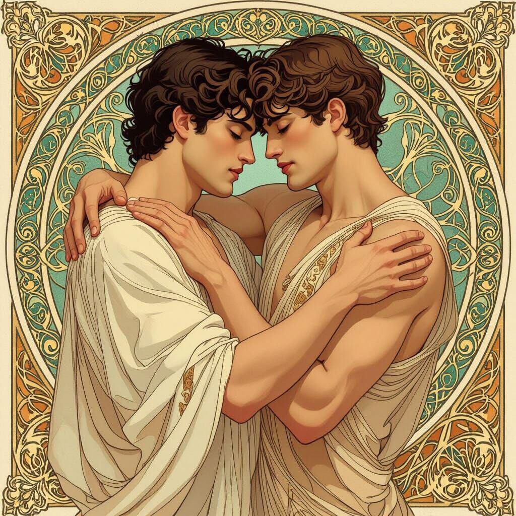 Elegant Art Nouveau Embrace with Flowing Patterns