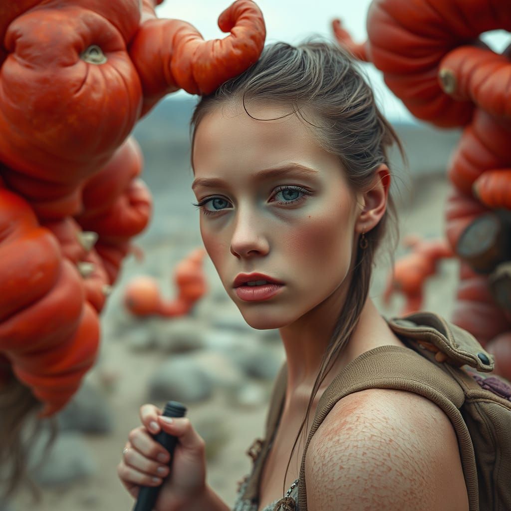 Surreal Desert Goddess Among Mutated Fruits in Cyberpunk Sty...