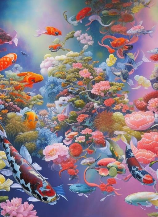 Surreal Anatomical Forms in Alien Koi Landscape