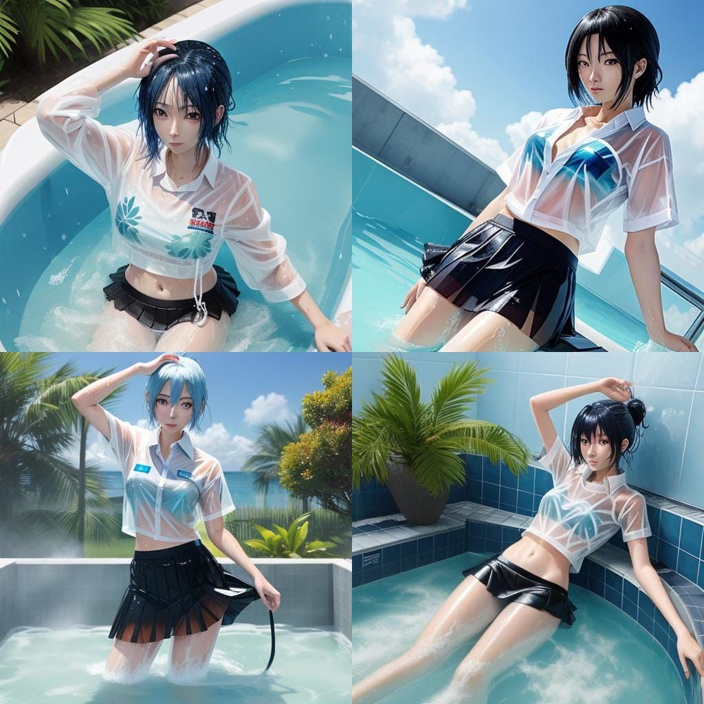 Anime Girl in Wet Bikini Taking a Bath