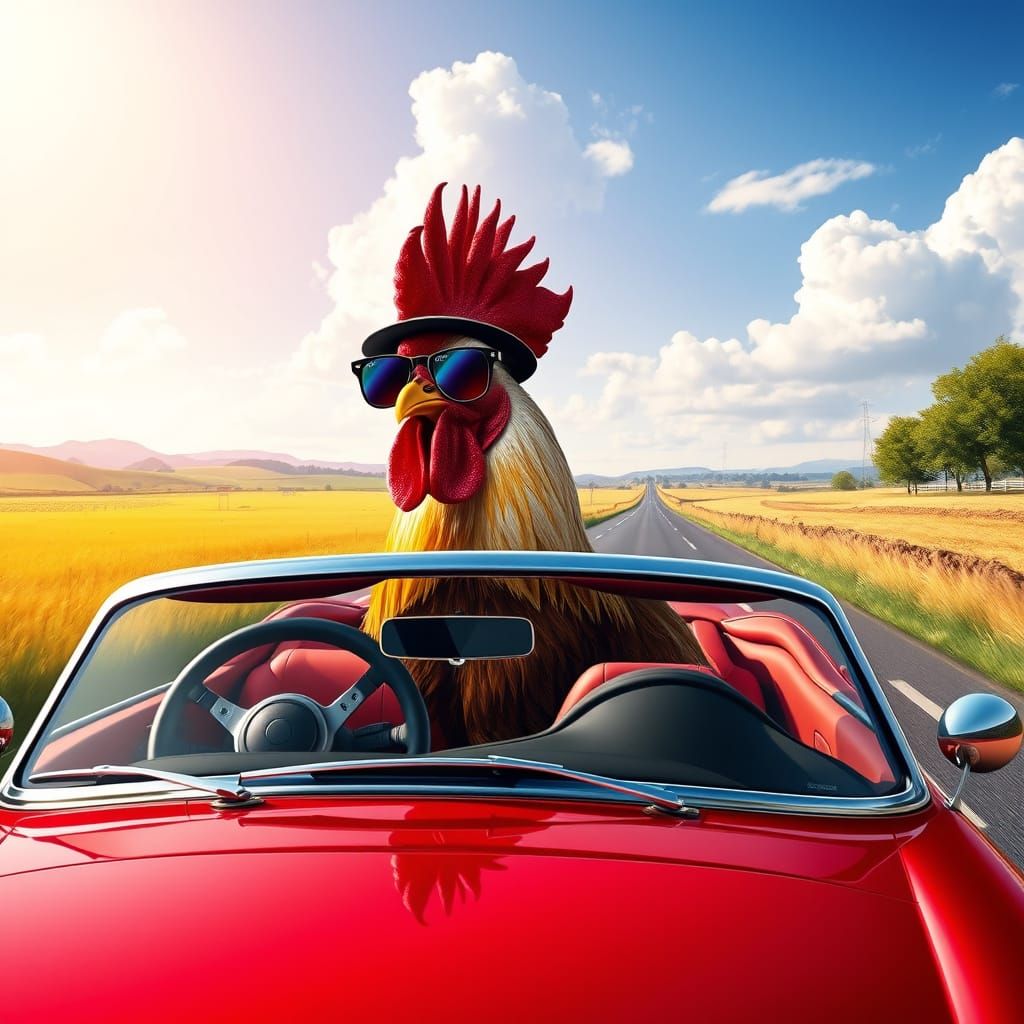 Charismatic Rooster Speeds Down Countryside Road in Cherry-R...