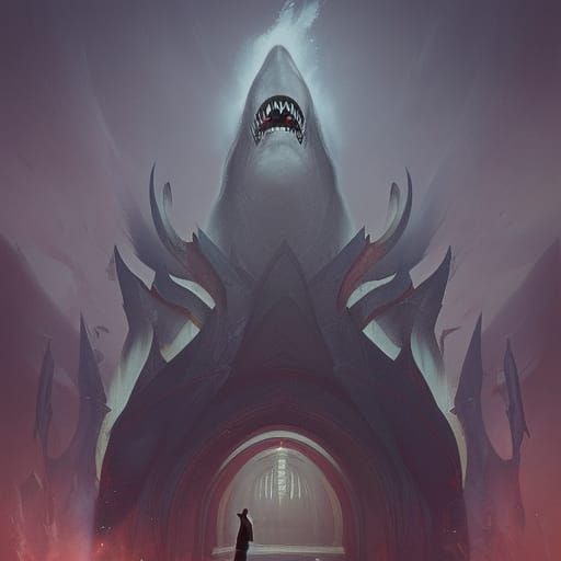 Sinister Temple of the Shark God: Dark Fantasy Art