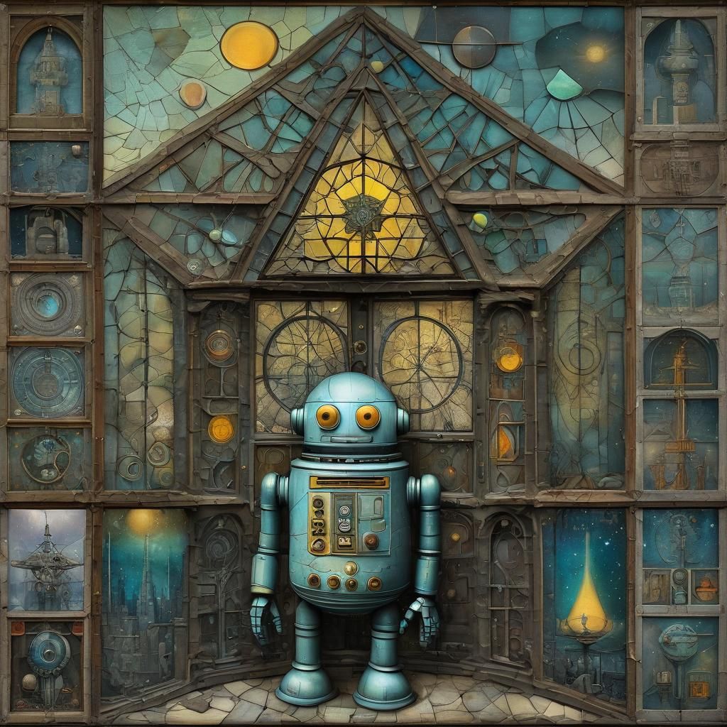Robot Namaste with Stained Glass Window in Surreal Style