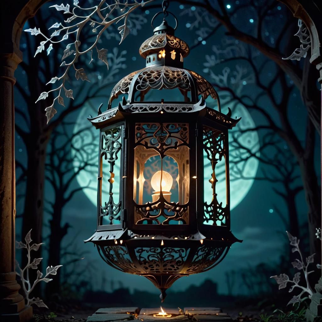 Illuminated Filigree Lantern with Fairy Skeleton