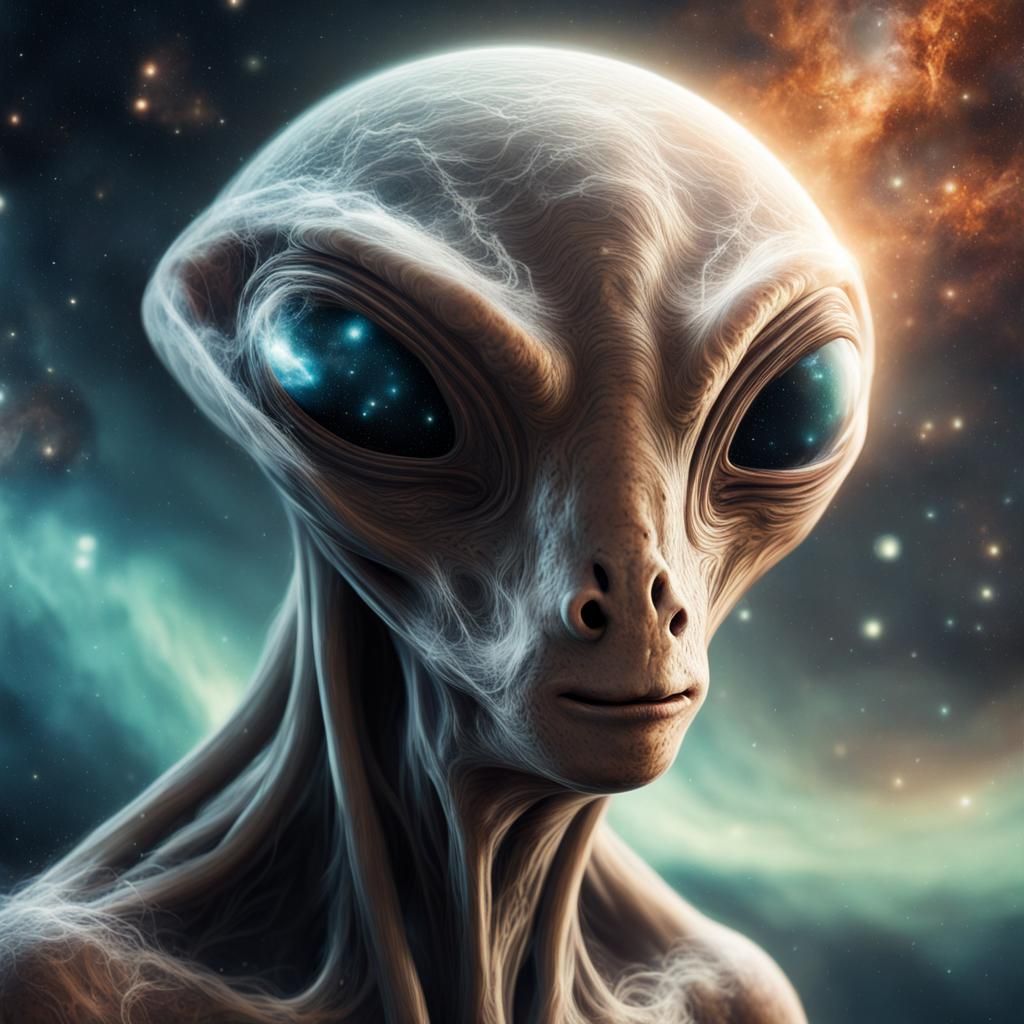 close-up, meticulously crafted, an good-natured extraterrestrial creature creating light in the middle, a beautiful natu...