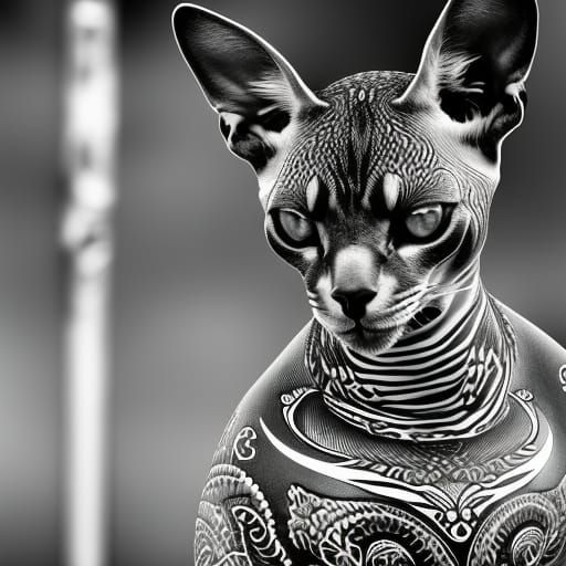 Yakuza Sphynx Cat with Katana, Photorealistic Image