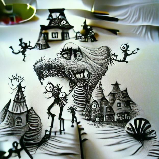 Whimsical Horror Wonderland in Ink Drawing Style