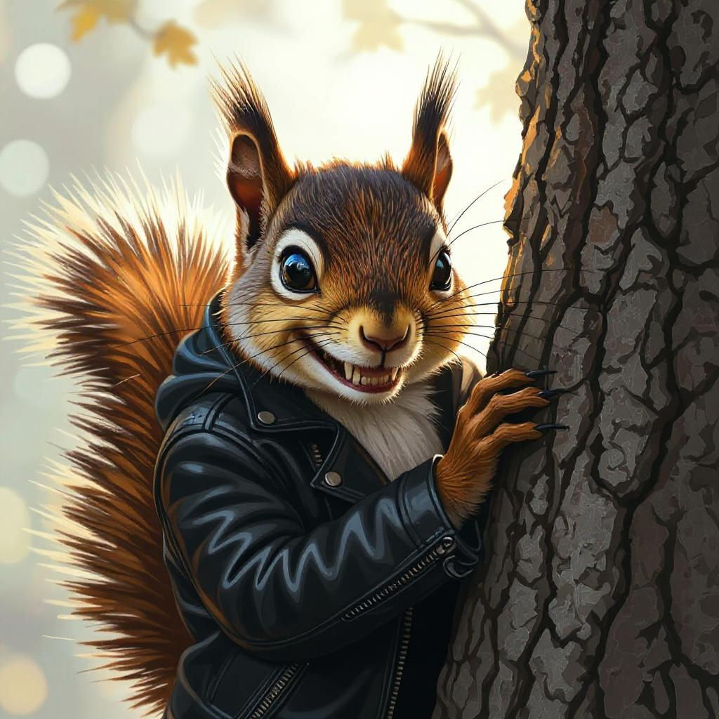 Squirrel in Leather Jacket Peeks from Tree