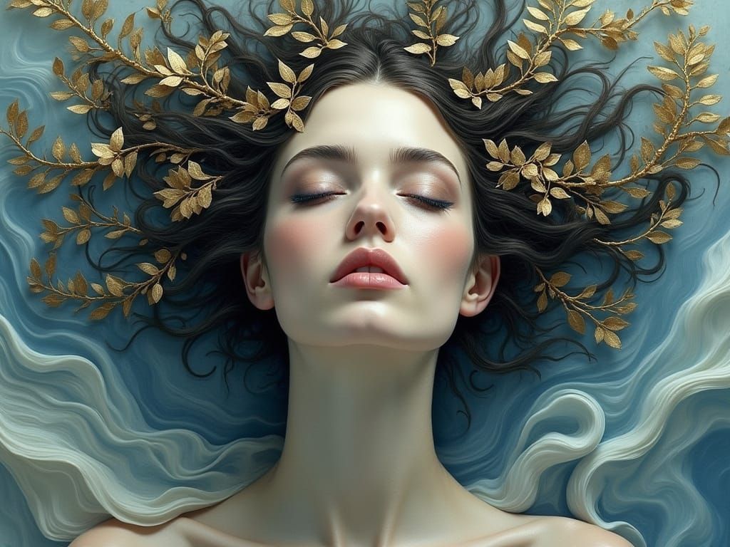 Ethereal Woman Portrait with Golden Botanicals in Fluid Art ...