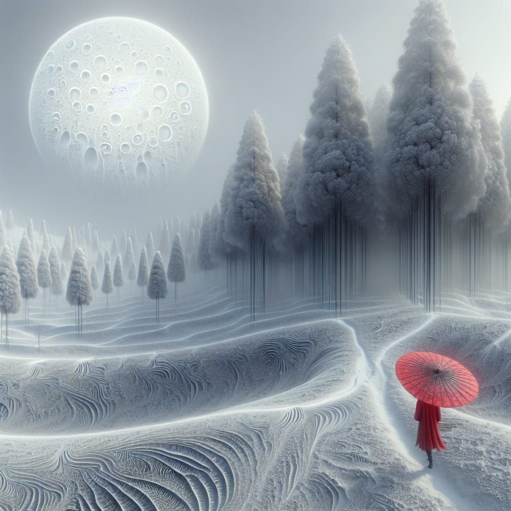 Ethereal Figure Walks Through Gray Landscape Under a Mandelb...