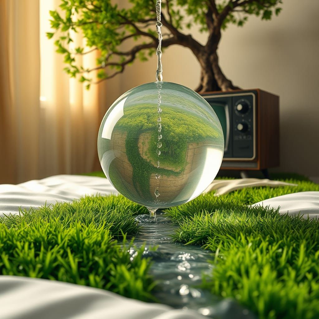 Surreal Indoor Landscape with Glass Orb and Tree