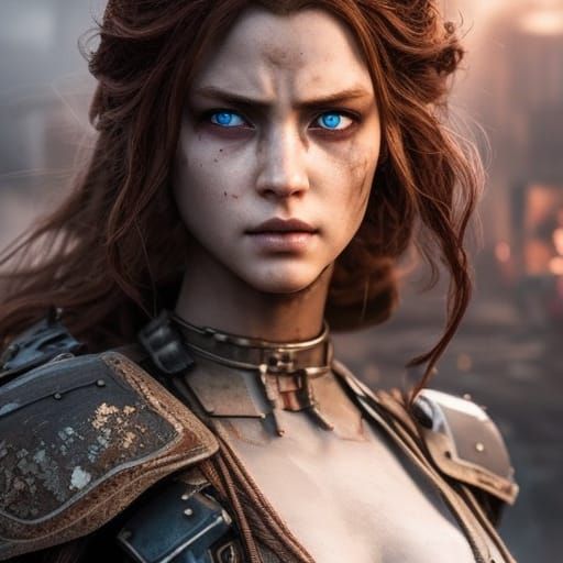 Post-Apocalyptic Warrior Girl in Hyperrealistic Digital Pain...