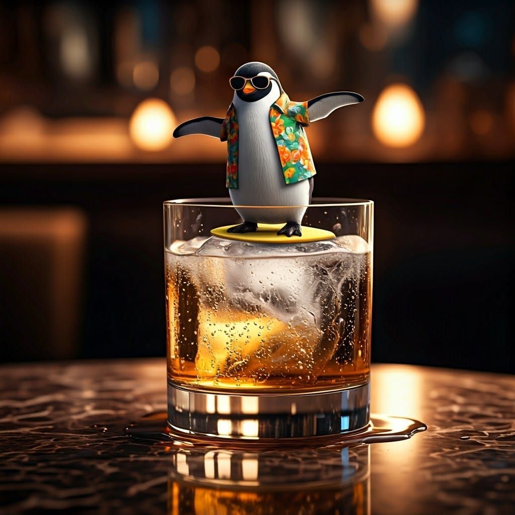 Tiny Penguin Surfs on Melting Ice Cube in Vibrant Cocktail G...