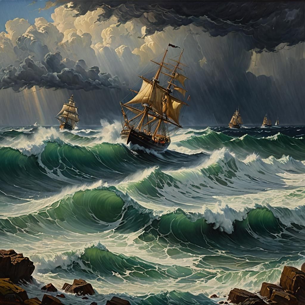 Ship Navigates Stormy Seas: An Oil Painting
