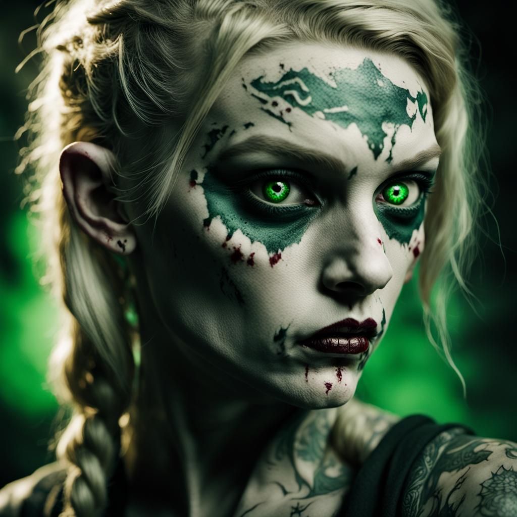 Zombie Woman with Viking Tattoos in Film Noir Style