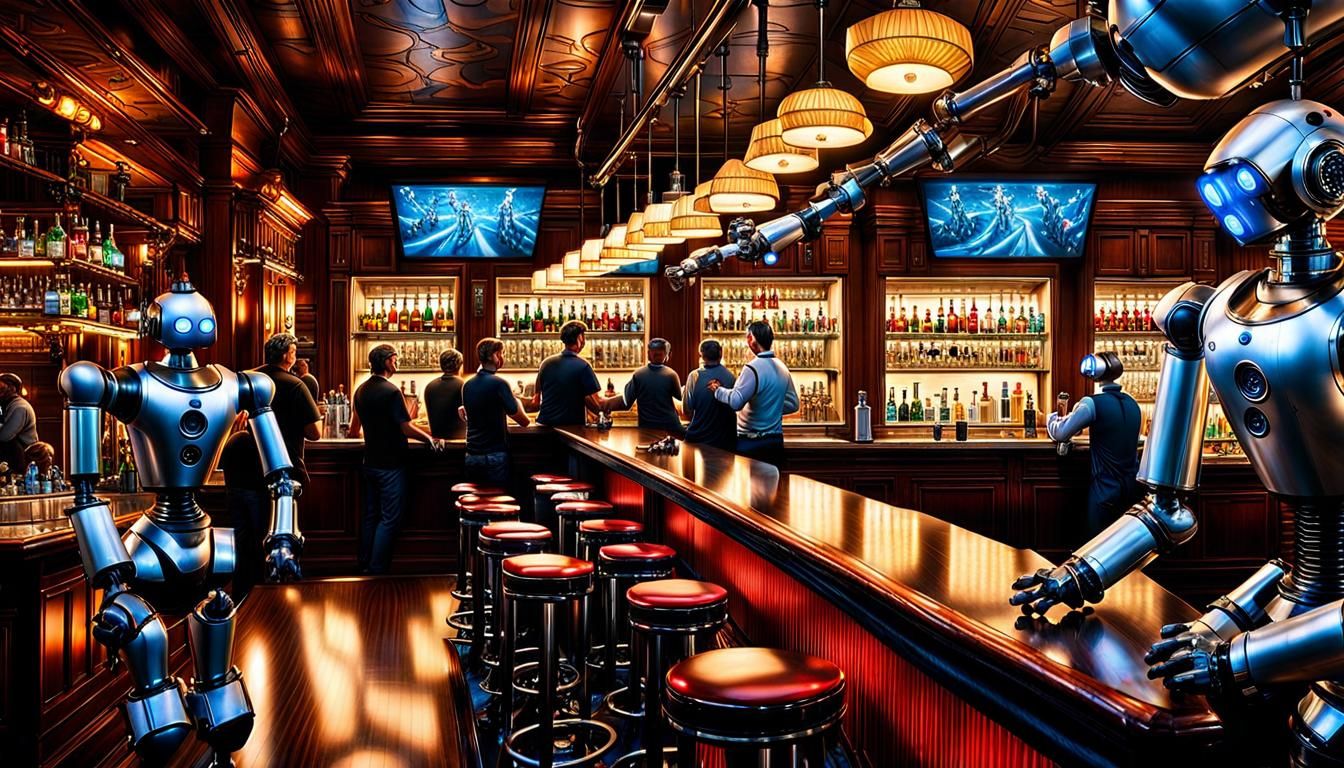 The scene is a bar with a mirrored background. The Bartenders are the Heartbeat of the place...