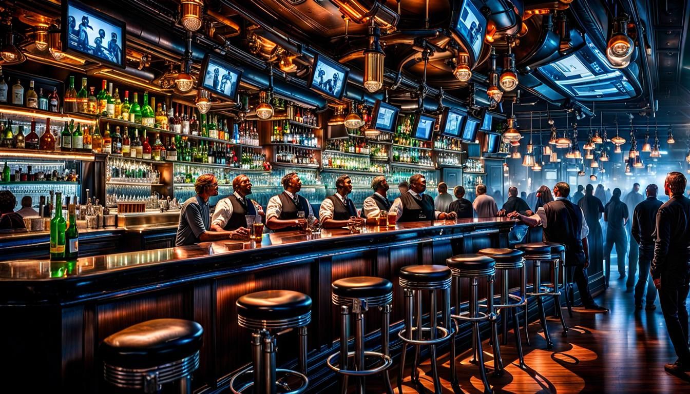 The scene is a bar with a mirrored background. The Bartenders are the Heartbeat of the place...