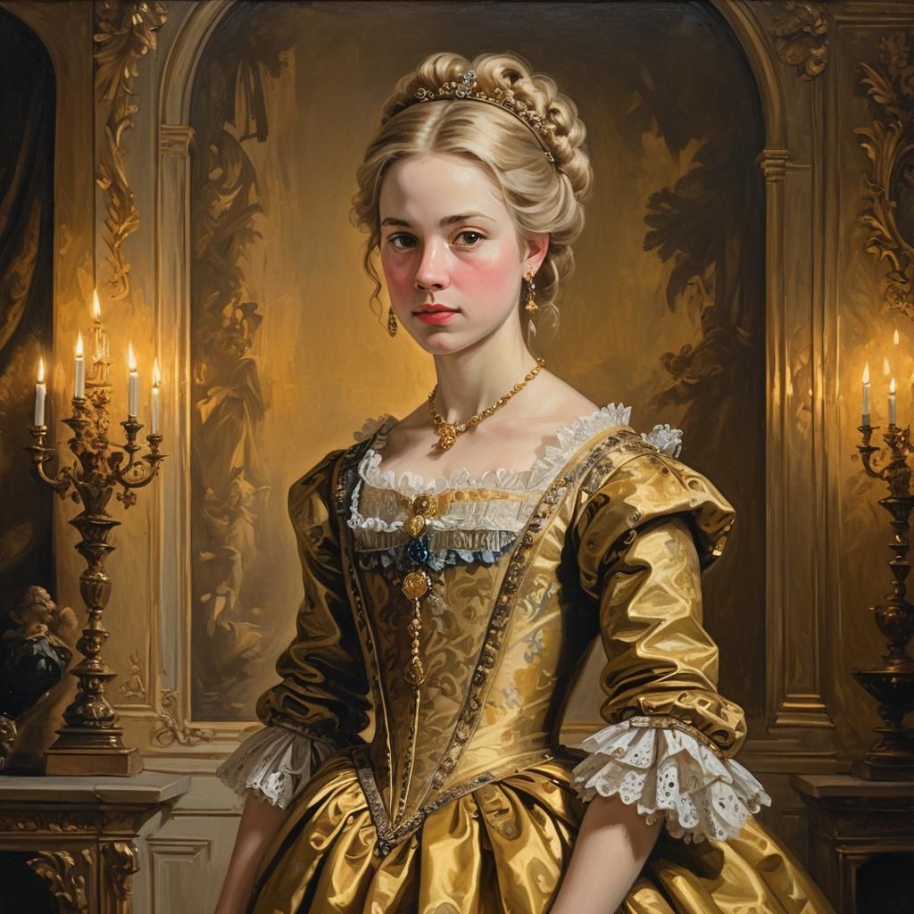Rococo Princess in Opulent Room: An Oil Painting