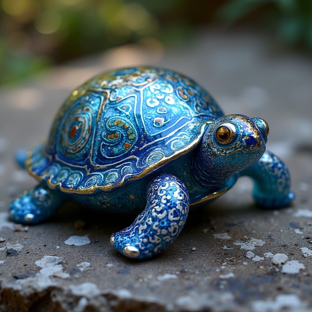 Organic Glass Turtle with Tribal Shell in Blue and Silver