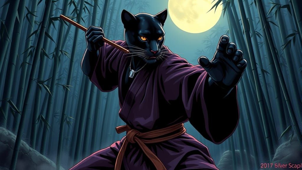 Black Panther Karate Master in Misty Forest, Comic Art