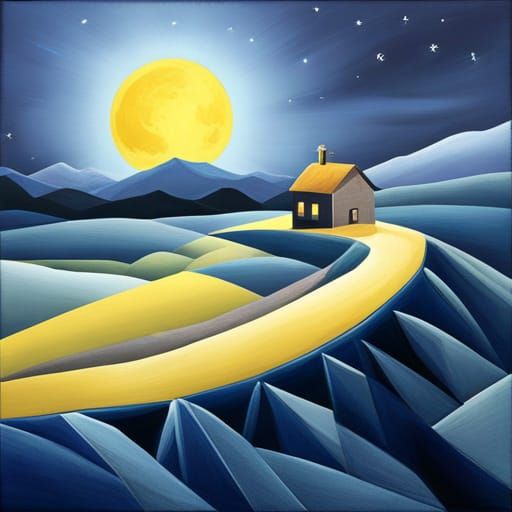 Blue Lunar Landscape with Cozy House in Art Brut Style