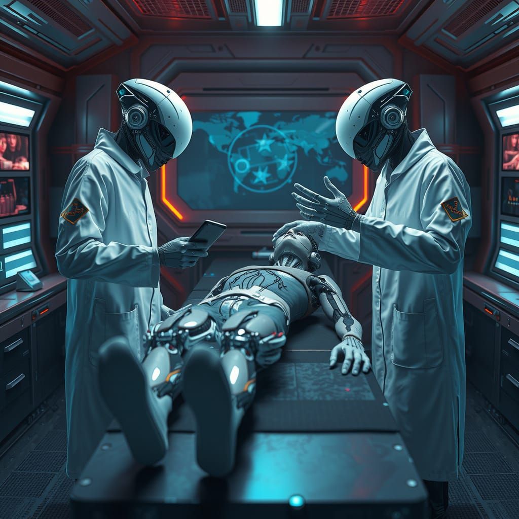 Futuristic Alien Scientists in a Laboratory with a Human Cyb...