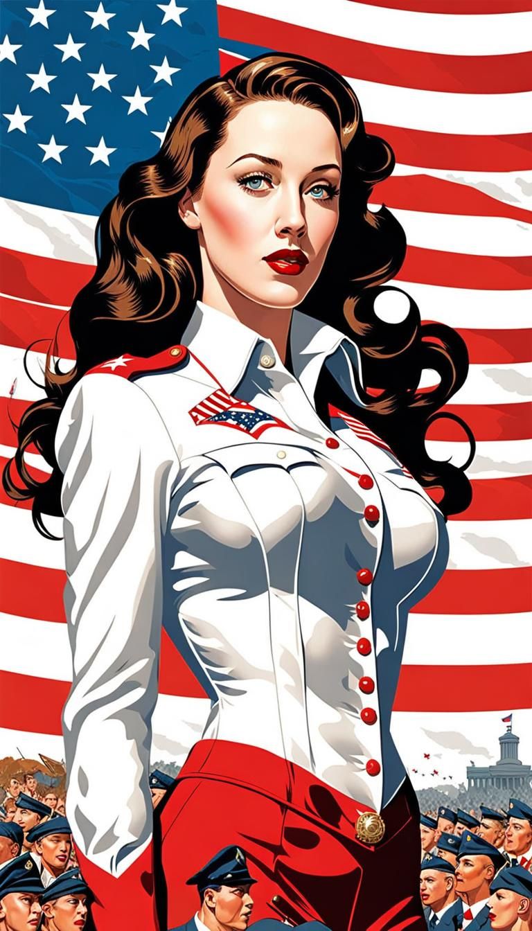 Woman as patriotic world war 2 superhero as illustrated by ((norman rockwell)) on a magazine cover.