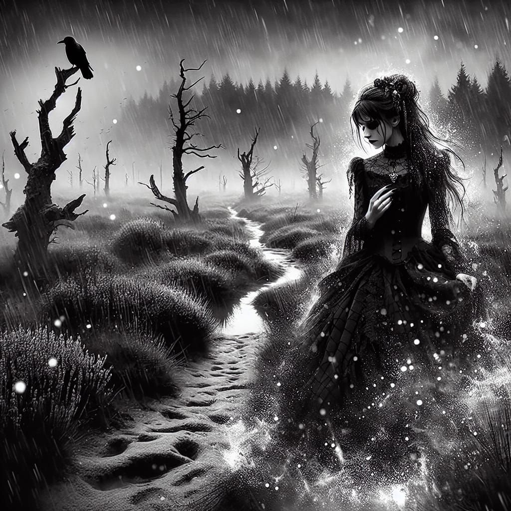 Gothic Girl Walks Alone Under Dark November Rain