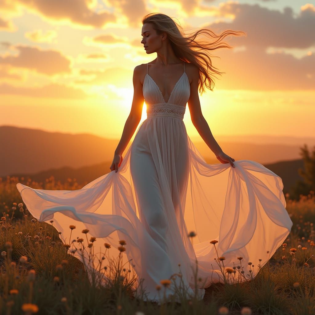 Ethereal Woman Dissolving into Leaves at Sunset