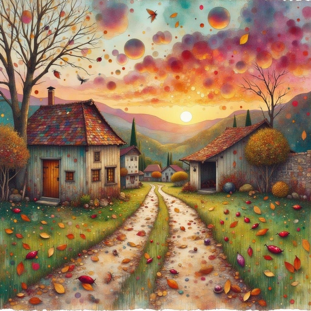 Vibrant Old World Village at Sunrise, Watercolor Painting wi...