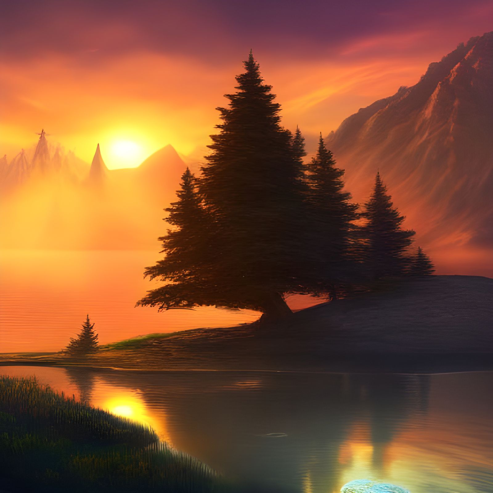 Glowing Golden Tree in Lake: Fantasy Concept Art