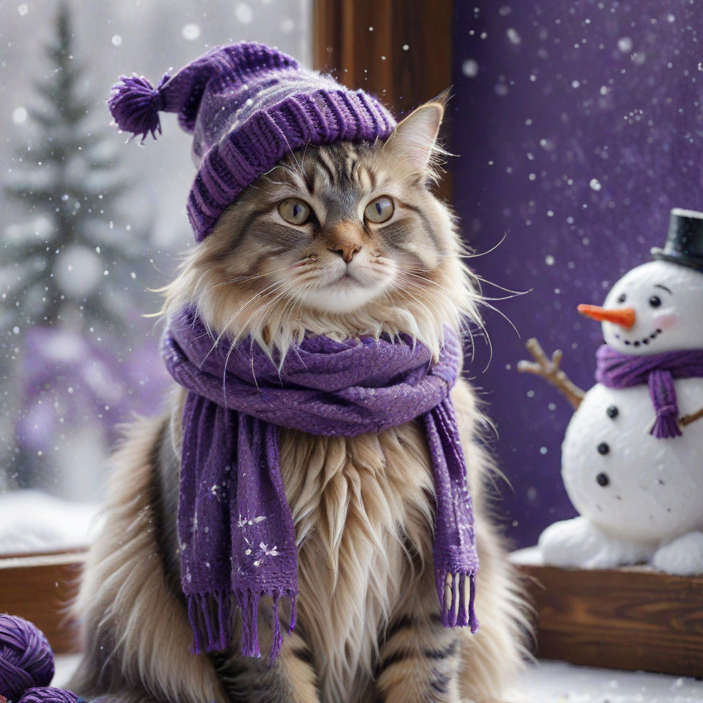 Whimsical Cat Enjoys Winter Wonderland in Vibrant Hues