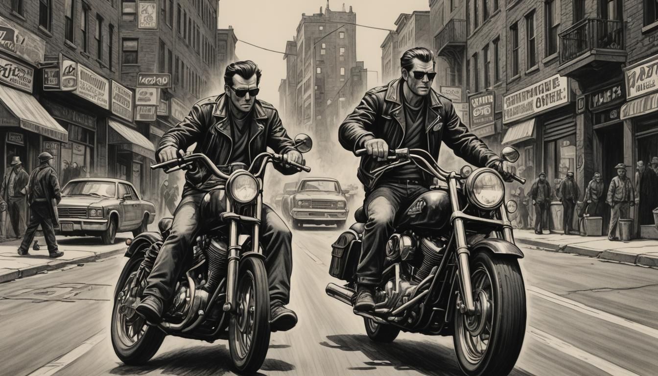 Biker on Harley in Charcoal Street Scene