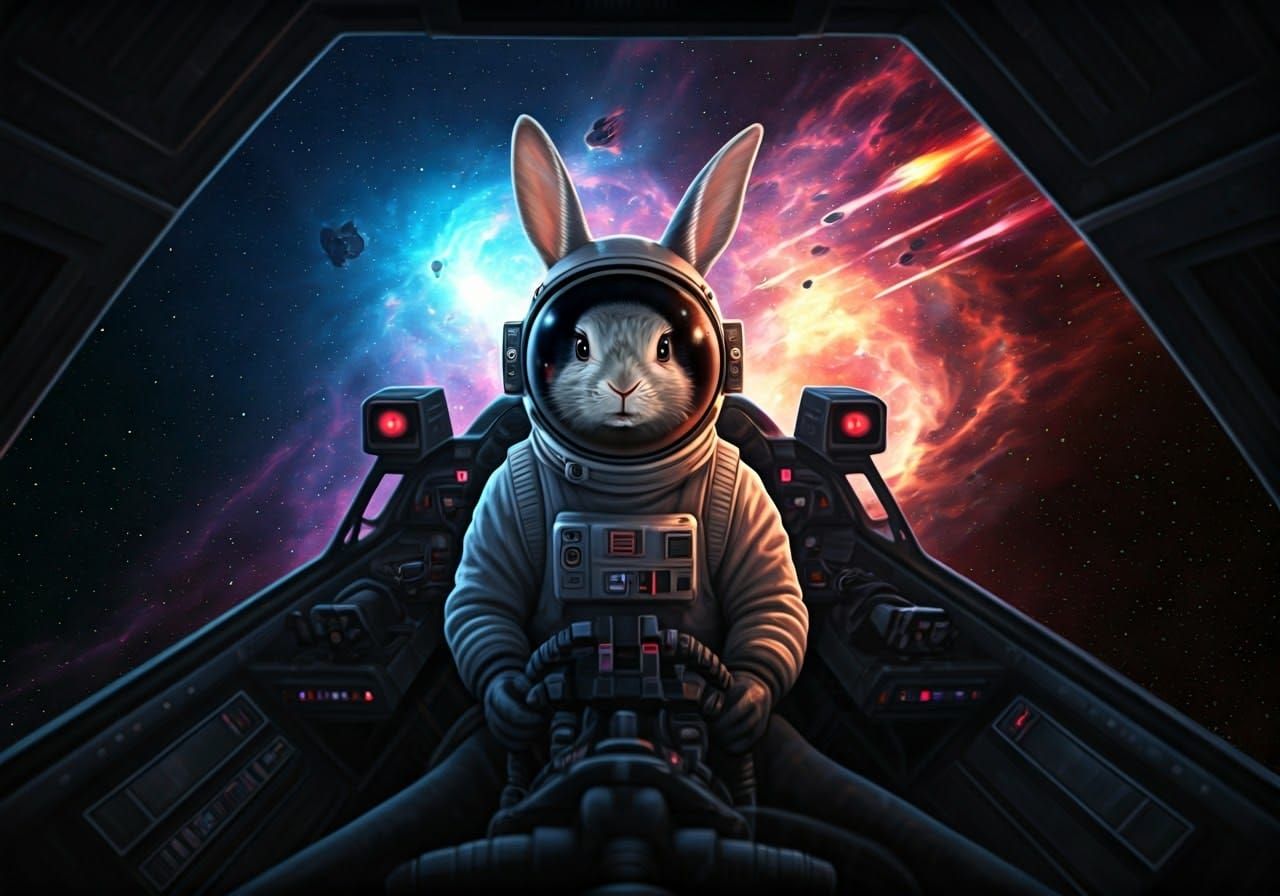 Astronaut Rabbit Piloting Tie Fighter Through Nebula