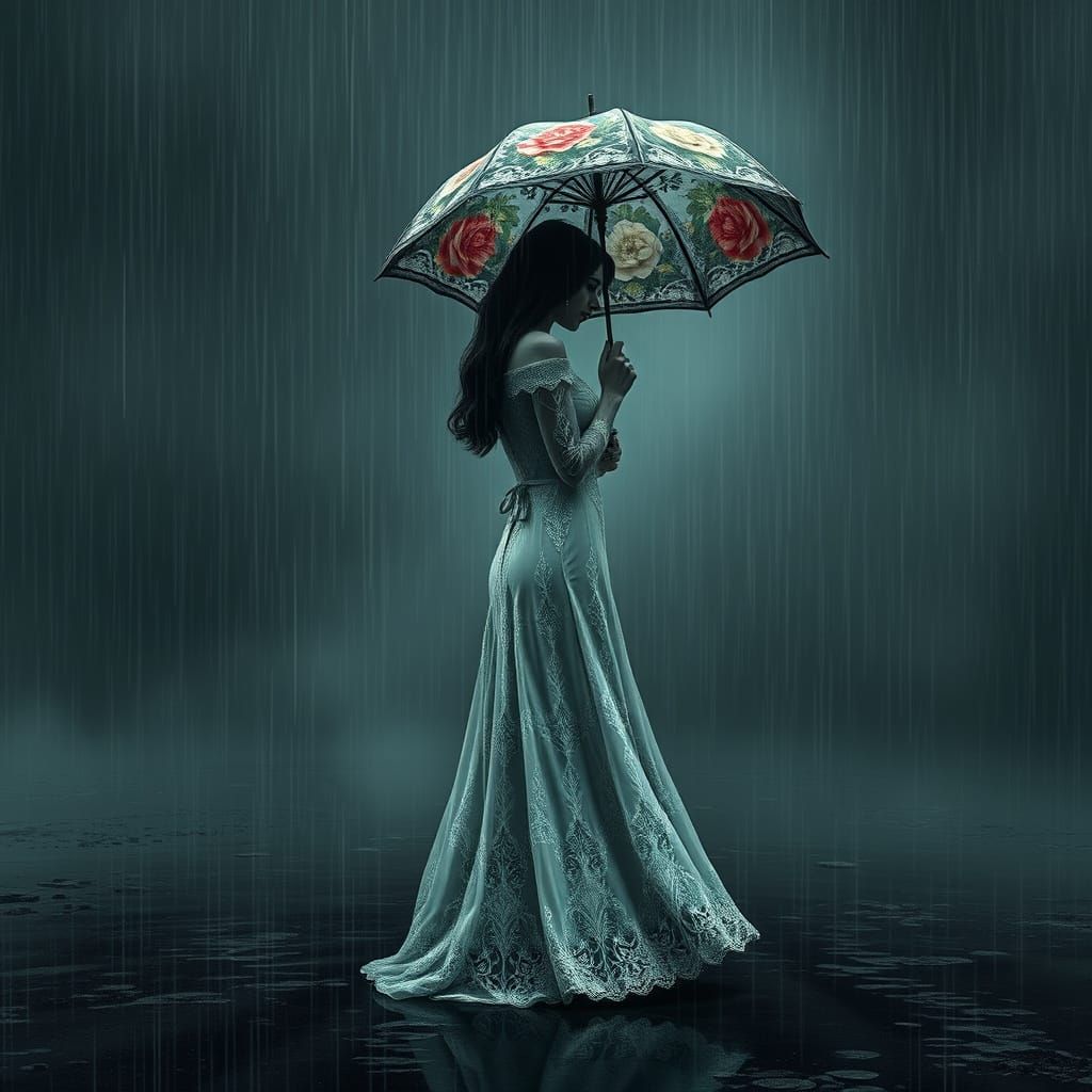 A mesmerizing dark fantasy illustration of a woman standing amidst a torrential downpour. She is adorned with an ornate ...