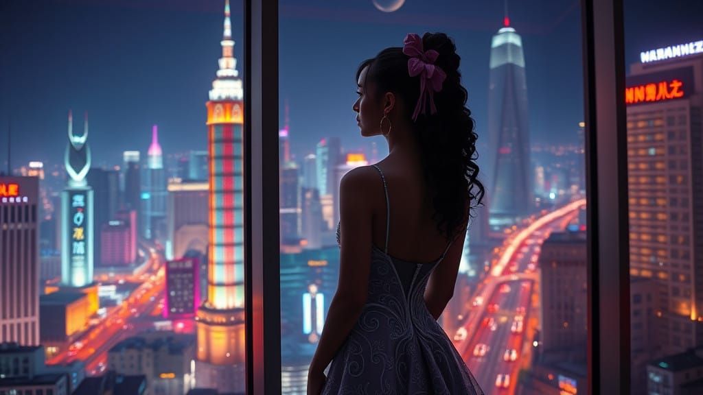 Elegant Asian-African Woman Contemplates Cityscape at Night...