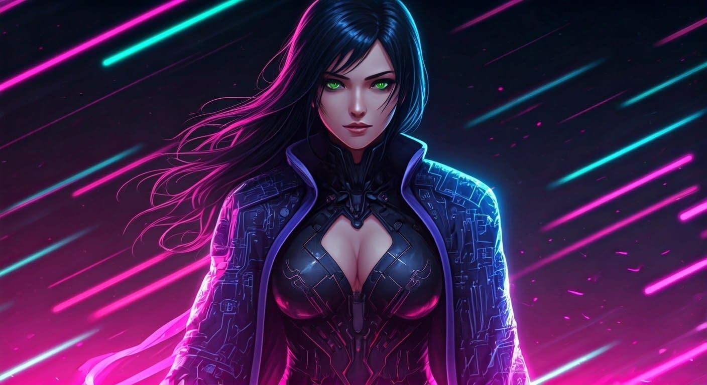 Futuristic Faye Valentine in Neon Cityscape