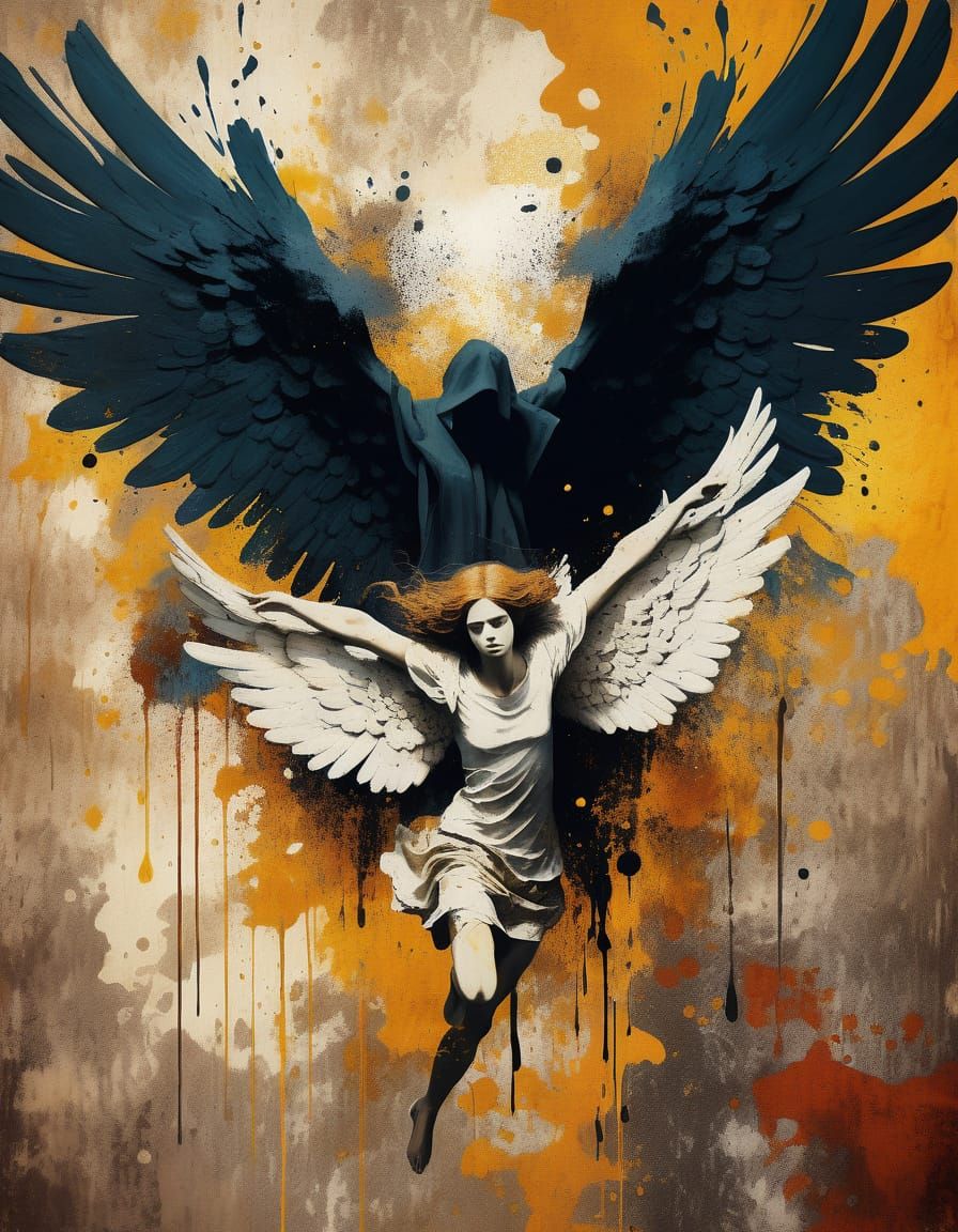 Ominous Falling Angel in Distressed Abstract Style