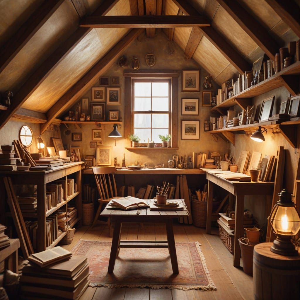 Cozy Rustic Attic Hobby Room in Watercolor Style