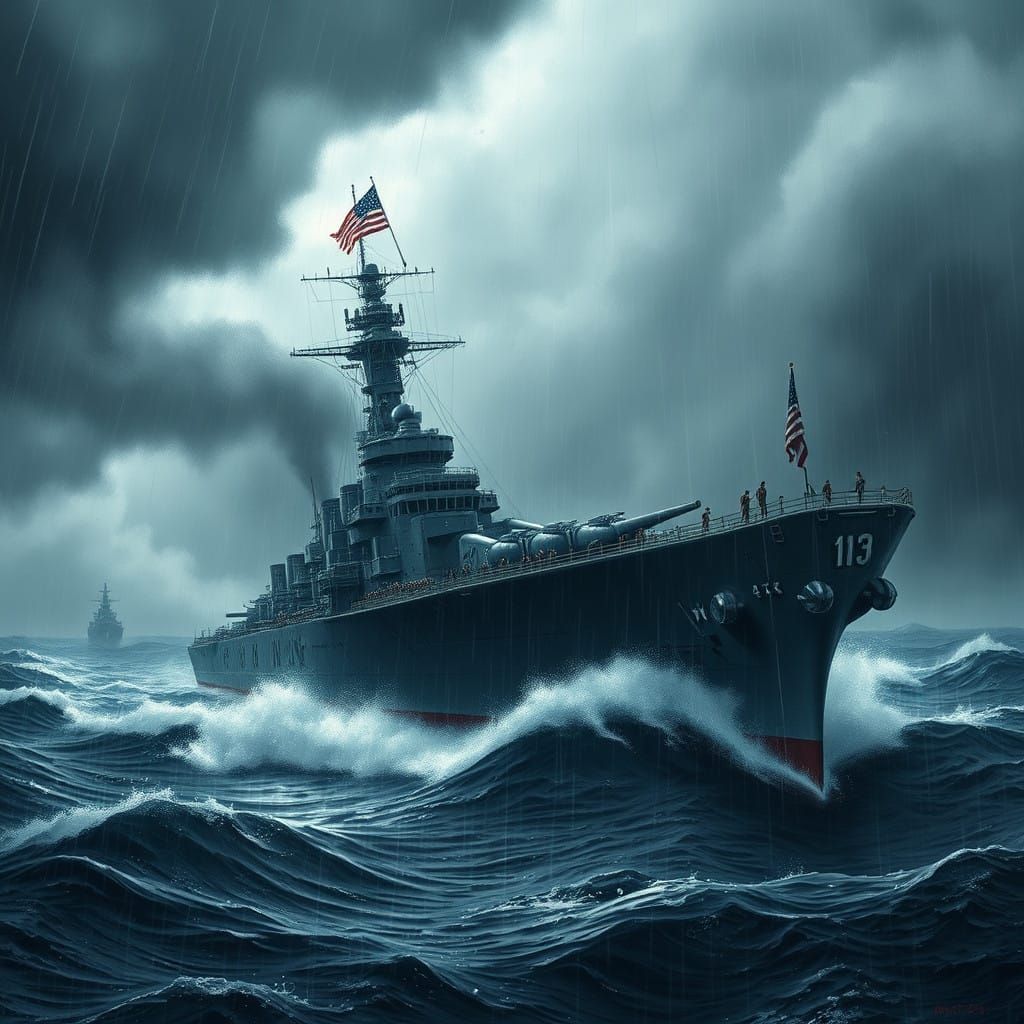 Majestic Battleship Plows Through Turbulent Waters in Gritty...